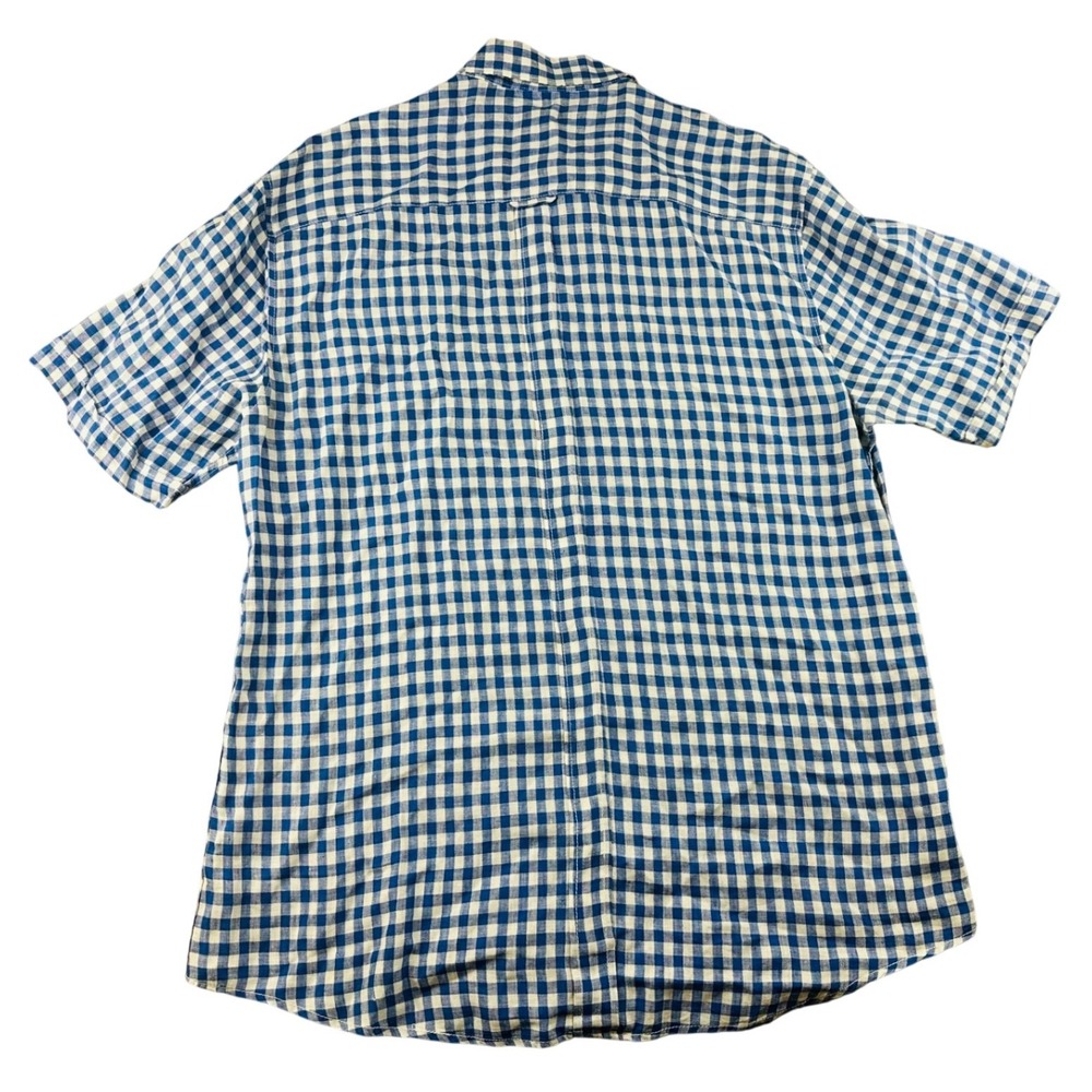 Bugatchi Uomo Shirt Men XL Blue Shaped Fit Check Gingham Linen Short Sleeve - Picture 2 of 9